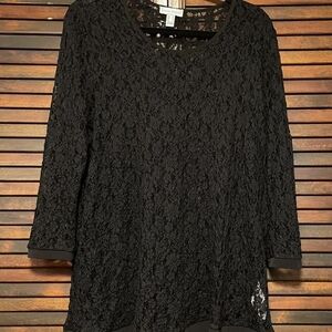 Susan Graver Stretch Lace Black 3/4 Sleeve Blouse, Size M/L